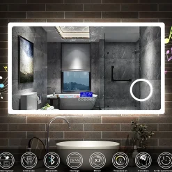 Miroir de salle de bain led bluetooth, 140x80cm Anti-buée, 3x Loupe, 3 couleurs de lumière, AICA SANITAIRE