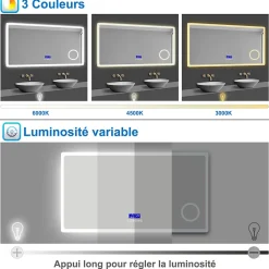 Miroir de salle de bain led bluetooth, 140x80cm Anti-buée, 3x Loupe, 3 couleurs de lumière, AICA SANITAIRE