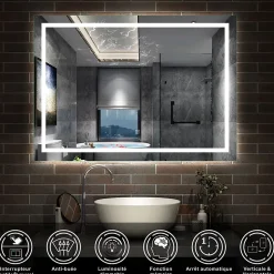 Miroir de salle de bain LED dimmable, avec mémoire et anti-buée, 100x80cm, IP44, AICA SANITAIRE