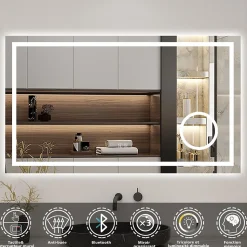Miroir de salle de bain LED 80x60cm tricolore anti-buée + bluetooth + loupe + mémoire + dimmable, AICA SANITAIRE