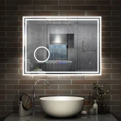 Miroir de salle de bain LED 100x60cm Tricolor anti-buée avec bluetooth simple, horloge et miroir grossissant 3x, AICA SANITAIRE