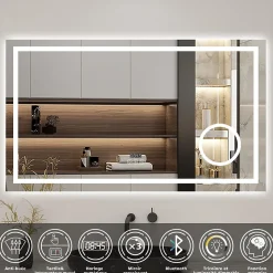 Miroir de salle de bain LED 80x60cm tricolore anti-buée + loupe + bluetooth + horloge + mémoire + dimmable, AICA SANITAIRE