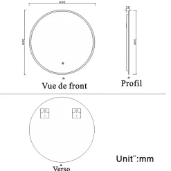 Miroir de salle de bain led rond 60 cm, anti buée miroir avec interrupteur tactile,lumière blanche, AICA SANITAIRE