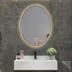 Miroir de salle de bain LED 50x70cm ovale anti buée avec cadre en aluminium noir LuxuryBain