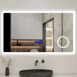 Miroir de salle de bain led bluetooth, 140x80cm Anti-buée, 3x Loupe, 3 couleurs de lumière, AICA SANITAIRE