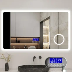 Miroir de salle de bain led bluetooth, 140x80cm Anti-buée, 3x Loupe, 3 couleurs de lumière, AICA SANITAIRE