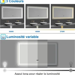 Miroir de salle de bain LED 100x60cm tricolore anti-buée + bluetooth + horloge + mémoire + dimmable, AICA SANITAIRE