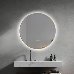 Miroir de salle de bain LED 60cm rond anti buée avec cadre en aluminium doré, or LuxuryBain