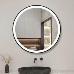 Miroir de salle de bain LED rond 70 cm avec cadre noir, tricolore + anti-buée + mémoire + gradation infinie, AICA SANITAIRE