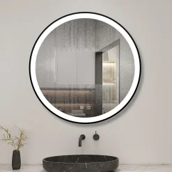 Miroir de salle de bain LED rond 70 cm avec cadre noir, tricolore + anti-buée + mémoire + gradation infinie, AICA SANITAIRE