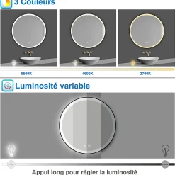 Miroir de salle de bain LED rond 70 cm avec cadre noir, tricolore + anti-buée + mémoire + gradation infinie, AICA SANITAIRE