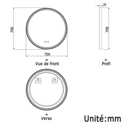 Miroir de salle de bain LED rond 70 cm avec cadre noir, tricolore + anti-buée + mémoire + gradation infinie, AICA SANITAIRE