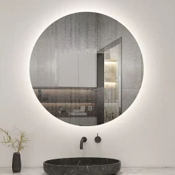 Miroir de salle de bain LED rond 70 cm avec rétro-éclairage, tricolore + anti-buée + mémoire + gradation infinie, AICA SANITAIRE
