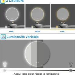 Miroir de salle de bain LED rond 70 cm avec rétro-éclairage, tricolore + anti-buée + mémoire + gradation infinie, AICA SANITAIRE