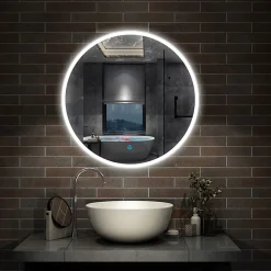 Miroir de salle de bain LED rond de 70cm, dimmable + mémoire + antibuée, avec interrupteur tactile, blanc, AICA SANITAIRE