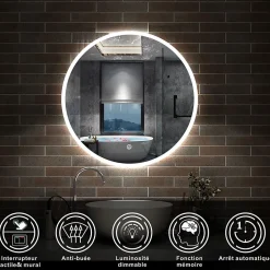 Miroir de salle de bain LED rond de 70cm, dimmable + mémoire + antibuée, avec interrupteur tactile, blanc, AICA SANITAIRE