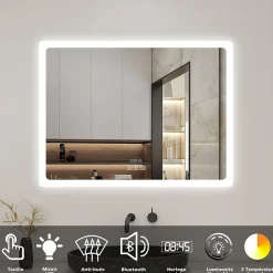 Miroir de salle de bain LED avec bluetooth et horloge, 100x60cm, Tri-color, anti-buée, AICA SANITAIRE