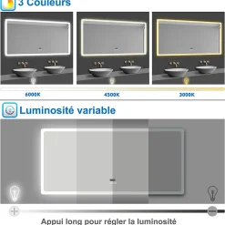 Miroir de salle de bain LED avec bluetooth et horloge, 100x60cm, Tri-color, anti-buée, AICA SANITAIRE