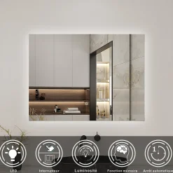 Miroir de salle de bain LED, 100x60cm, mémoire + dimmable, IP44, 6000K blanc, AICA SANITAIRE