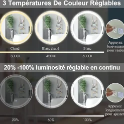 Miroir de Salle de Bain LED Miroir Mural avec 3 Couleurs de Lumière & Luminosité Réglable Miroir de Coiffeuse LED