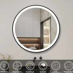 Miroir de salle de bain LED rond 60 cm avec cadre noir, tricolore + anti-buée + mémoire + gradation infinie, AICA SANITAIRE