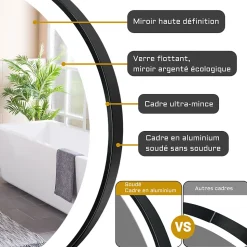 Miroir de salle de bain LED rond 60 cm avec cadre noir, tricolore + anti-buée + mémoire + gradation infinie, AICA SANITAIRE
