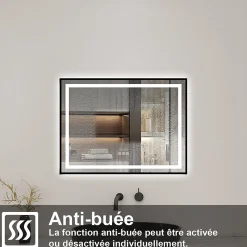 Miroir de Salle de Bain LED Intelligent 100x80 cm - Anti-Buée, Bluetooth, Horloge, Variateur de Lumière 3C