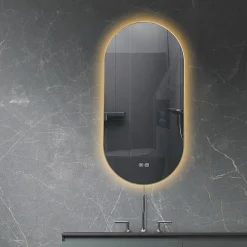 Miroir de salle de bain LED 45x90cm ovale anti buée avec cadre en aluminium doré, or LuxuryBain
