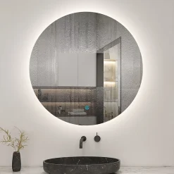 Miroir de salle de bain LED rond 90 cm avec rétro-éclairage sans cadre, anti-buée + mémoire + dimmable, AICA SANITAIRE