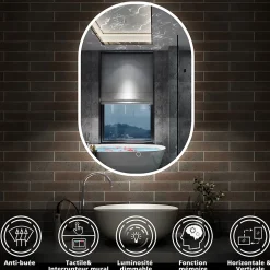 Miroir de salle de bain ovale 45x90cm, mémoire + dimmable + anti-buée, IP44, 6000K blanc froid, AICA SANITAIRE