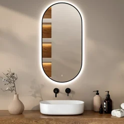 Miroir de salle de bain ovale chauffant et éclairé par LED 100x50cm avec cadre noir