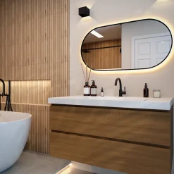 Miroir de salle de bain ovale chauffant et éclairé par LED 100x50cm avec cadre noir