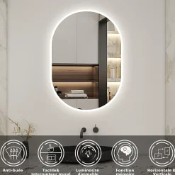 Miroir de salle de bain ovale 60x100 cm, anti-buée + mémoire + dimmable, AICA SANITAIRE
