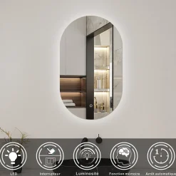 Miroir de salle de bain ovale 60x100cm, mémoire + dimmable, IP44, 6000K blanc froid, AICA SANITAIRE
