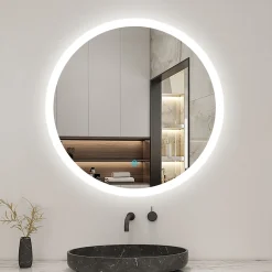 Miroir de salle de bain rond led 60 cm, anti buée Lumière blanche froid 6000K tactile mural, AICA SANITAIRE