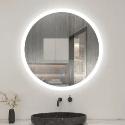Miroir de salle de bain rond led 60 cm, anti buée Lumière blanche froid 6000K tactile mural, AICA SANITAIRE