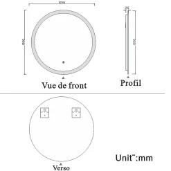 Miroir de salle de bain rond led 60 cm, anti buée Lumière blanche froid 6000K tactile mural, AICA SANITAIRE