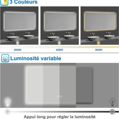 Miroir de salle de bain rétro-éclairé sans cadre 100x60cm, Tricolore + Anti-buée + Mémoire + Dimmable, AICA SANITAIRE