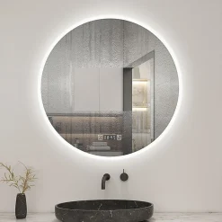 Miroir de salle de bain rond 60x60cm avec Horloge, LED, Tricolore, Anti-Buée, AICA SANITAIRE