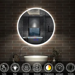 Miroir de salle de bain rond Bluetooth 70cm tricolore + dimmable + mémoire + anti-buée, IP44 Miroir LED, AICA SANITAIRE