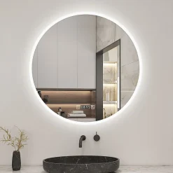 Miroir de salle de bain rond 70x70cm avec Horloge, LED, Tricolore, Anti-Buée, AICA SANITAIRE