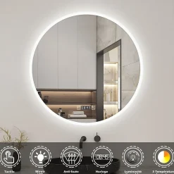 Miroir de salle de bain rond 70x70cm avec Horloge, LED, Tricolore, Anti-Buée, AICA SANITAIRE