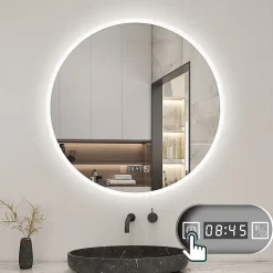 Miroir de salle de bain rond 70x70cm avec Horloge, LED, Tricolore, Anti-Buée, AICA SANITAIRE