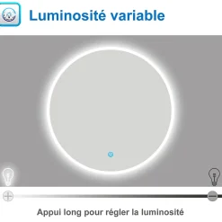 Miroir de salle de bain rond LED 60cm, dimmable + mémoire, IP44, AICA SANITAIRE