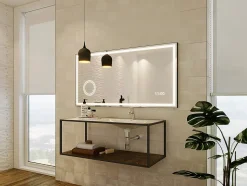Miroir de salle de bain rectangulaire lumineux avec horloge digitale - Noir - 120 x 60 cm - AITANA