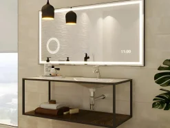 Miroir de salle de bain rectangulaire lumineux avec horloge digitale - Noir - 120 x 60 cm - AITANA