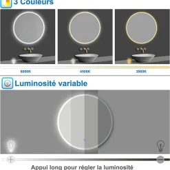 Miroir de salle de bain rond 70x70cm LED tricolore anti-buée + mémoire + dimmable, AICA SANITAIRE