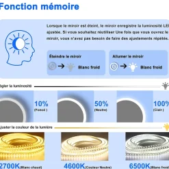 Miroir de salle de bain rond 70x70cm LED tricolore anti-buée + mémoire + dimmable, AICA SANITAIRE