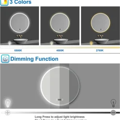 Miroir de salle de bain rond 70x70cm avec Horloge, LED, Tricolore, Anti-Buée, AICA SANITAIRE