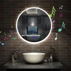 Miroir de salle de bain rond Bluetooth 60cm tricolore + dimmable + mémoire + anti-buée, IP44 Miroir LED, AICA SANITAIRE